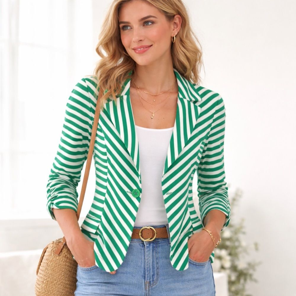 Preppy Green & White Striped Ruched Sleeve Blazer Cardigan Coastal Grandma